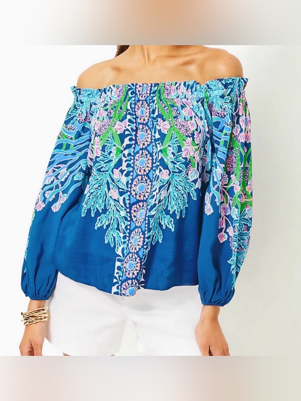 AIMES LONG SLEEVE OFF THE SHOULDER TOP, BARTON BLUE SEACRET ESCAPE TOP